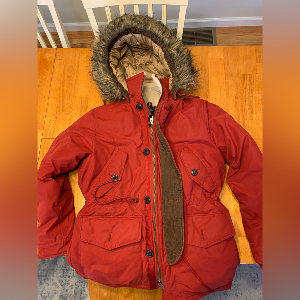 Abercrombie & Fitch Red Hooded Parka Jacket with Faux Fur Trim